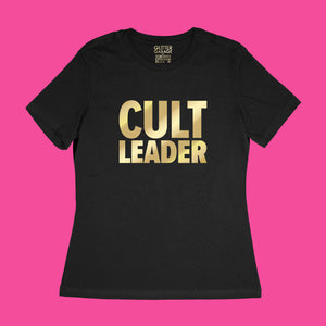Custom tee sample - "cult leader" metallic gold on black women's relaxed fit cotton t-shirt by BBJ / Glitter Garage