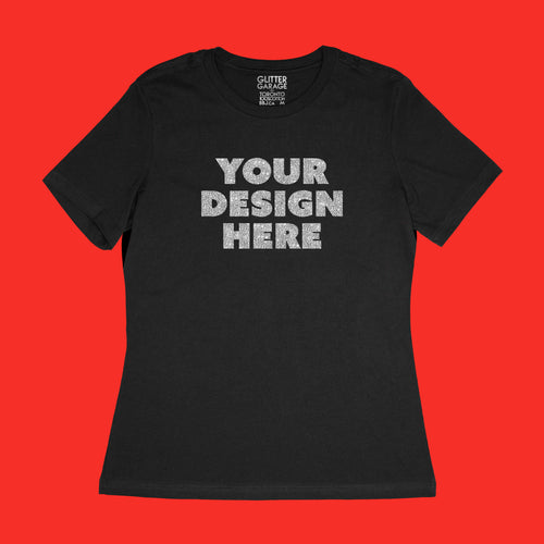 Custom tee sample - silver glitter on black women's relaxed fit cotton t-shirt by BBJ / Glitter Garage