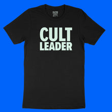 Load image into Gallery viewer, Custom text tee - Cult Leader - glow in the dark TALL text on black tee - USE YOUR WORDS black unisex t-shirt by BBJ / Glitter Garage
