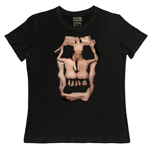 full colour transfer of Death Show Skull on black women's fit tee