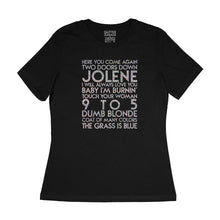Load image into Gallery viewer, Dolly Parton songs - house - silver holographic text on black women&#39;s relaxed fit t-shirt - YourTen tee by BBJ / Glitter Garage
