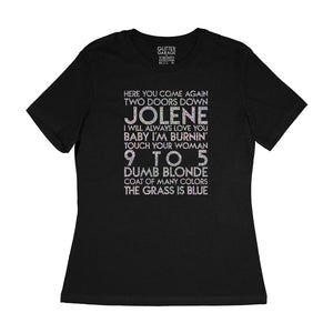 Dolly Parton songs - house - silver holographic text on black women's relaxed fit t-shirt - YourTen tee by BBJ / Glitter Garage
