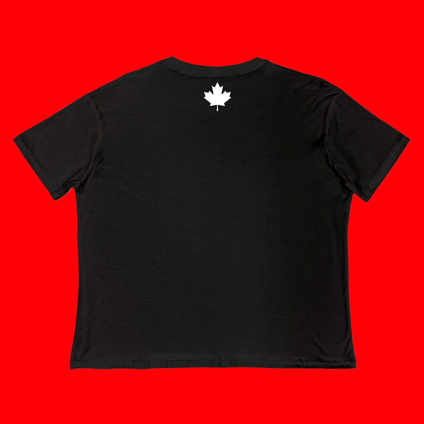 "Elbows Up" back - graphic maple leaf in white on black Canadian-made boxy tee
