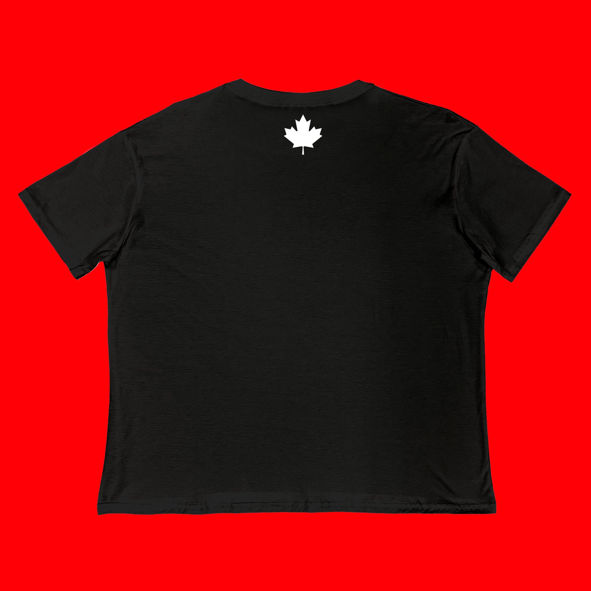 "Elbows Up" back - graphic maple leaf in white on black Canadian-made boxy tee