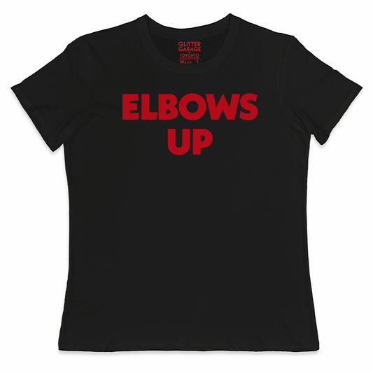 "Elbows Up" large text in red on black Canadian-made women's tee