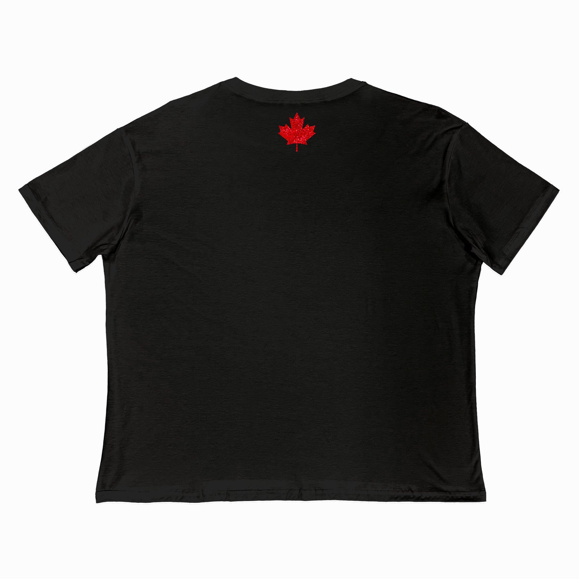 "Elbows Up" back - graphic maple leaf in red glitter on black Canadian-made boxy tee