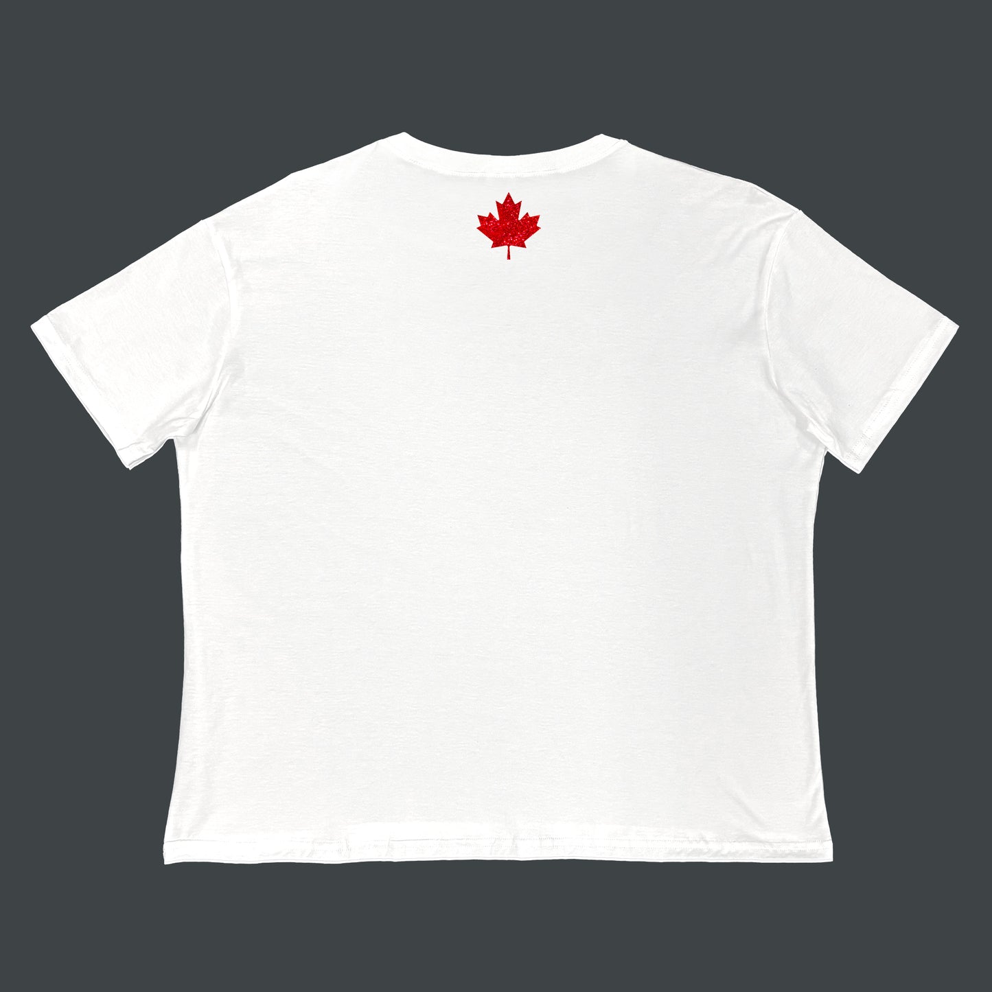 "Elbows Up" back - graphic maple leaf in red glitter on white Canadian-made boxy tee
