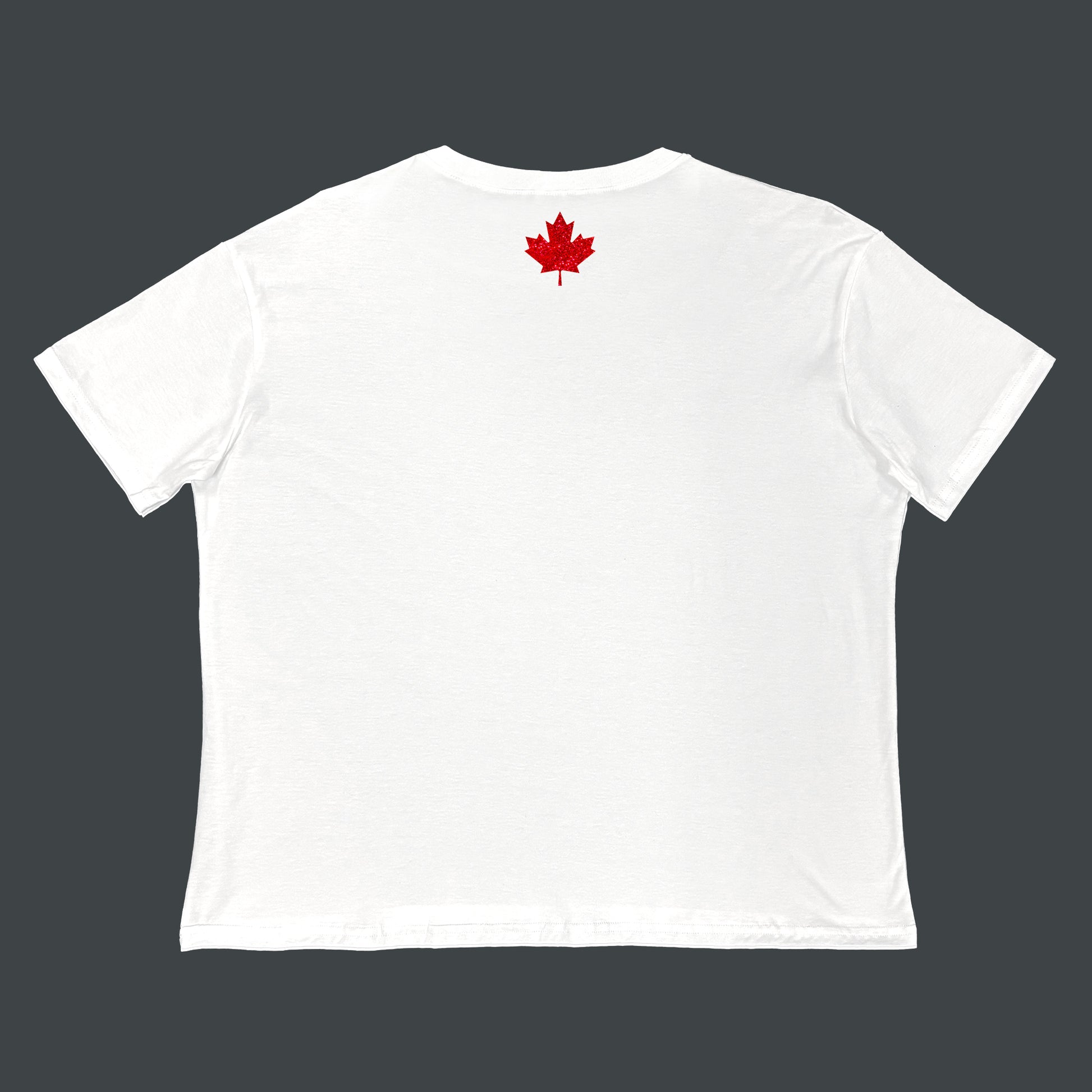 "Elbows Up" back - graphic maple leaf in red glitter on white Canadian-made boxy tee