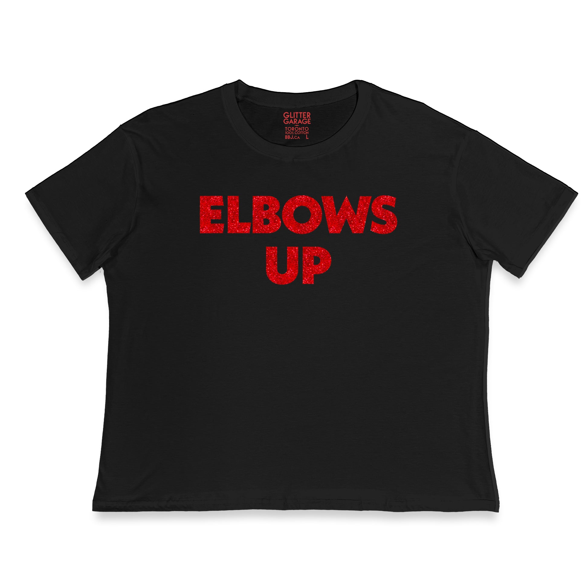 "Elbows Up" large text in red glitter on black Canadian-made boxy tee