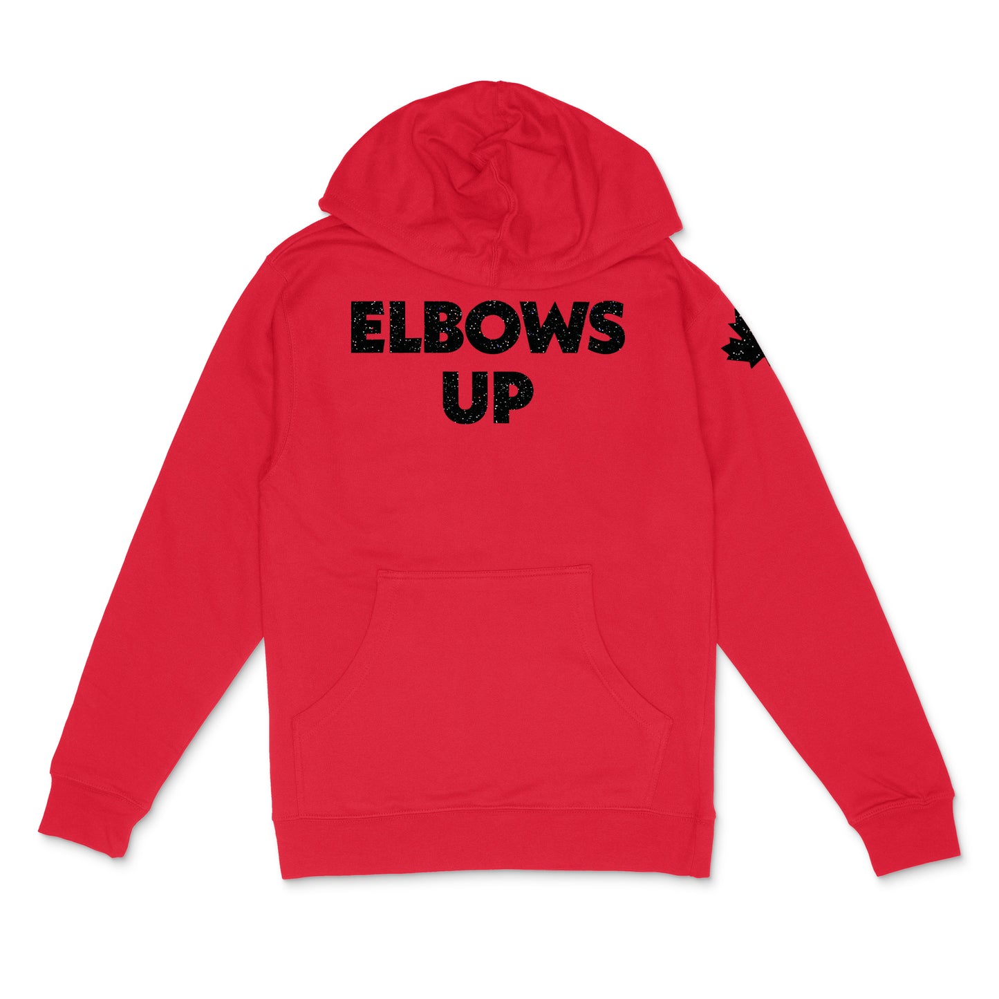 "Elbows Up" large text front, maple leaf on left upper sleeve in black glitter on red Canadian-made hooded sweatshirt