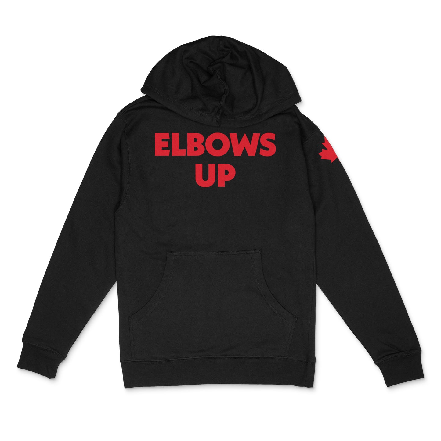 "Elbows Up" large text front, maple leaf on left upper sleeve in red on black Canadian-made hooded sweatshirt