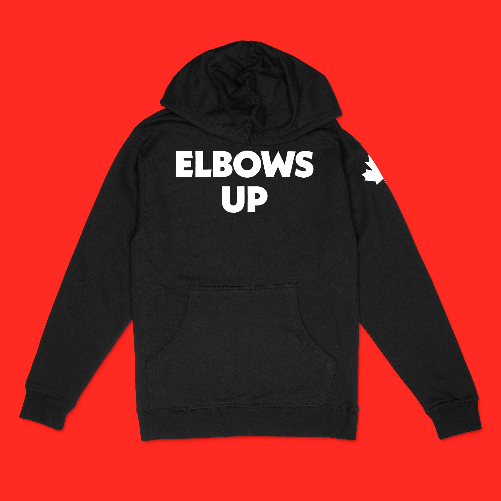 "Elbows Up" large text front, maple leaf on left upper sleeve in white on black Canadian-made hooded sweatshirt