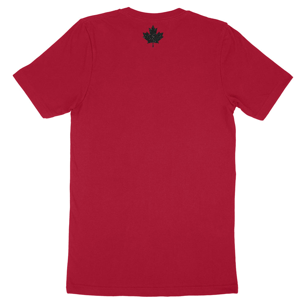 "Elbows Up" back - graphic maple leaf in black glitter on deep red Canadian-made unisex tee 