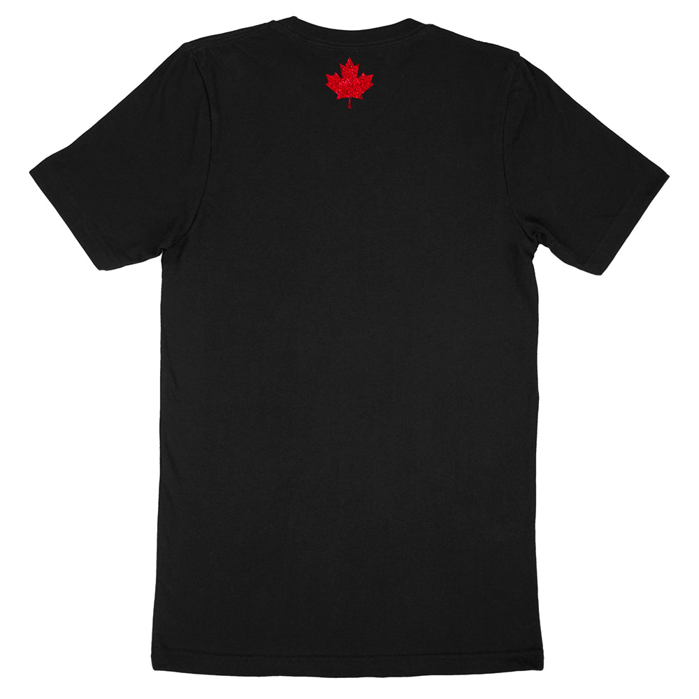 "Elbows Up" back - graphic maple leaf in red glitter on black Canadian-made unisex tee