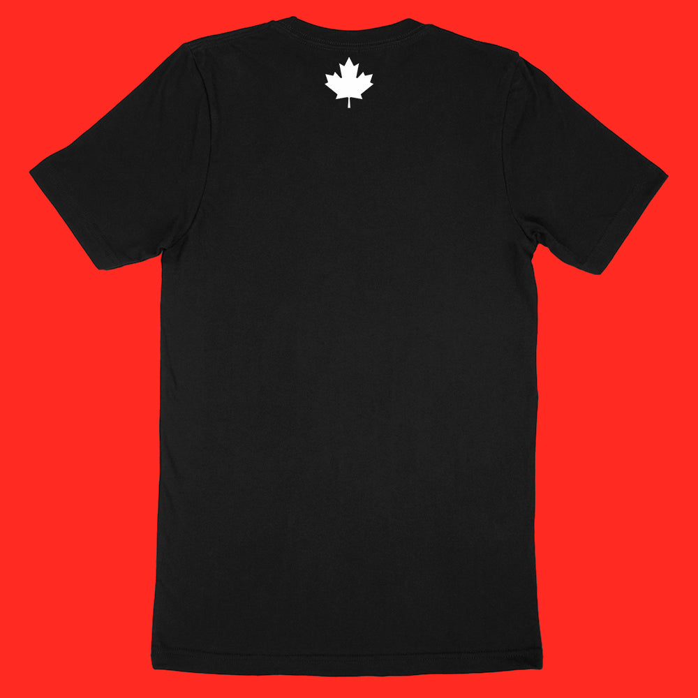 "Elbows Up" back - graphic maple leaf in white on black Canadian-made unisex tee 