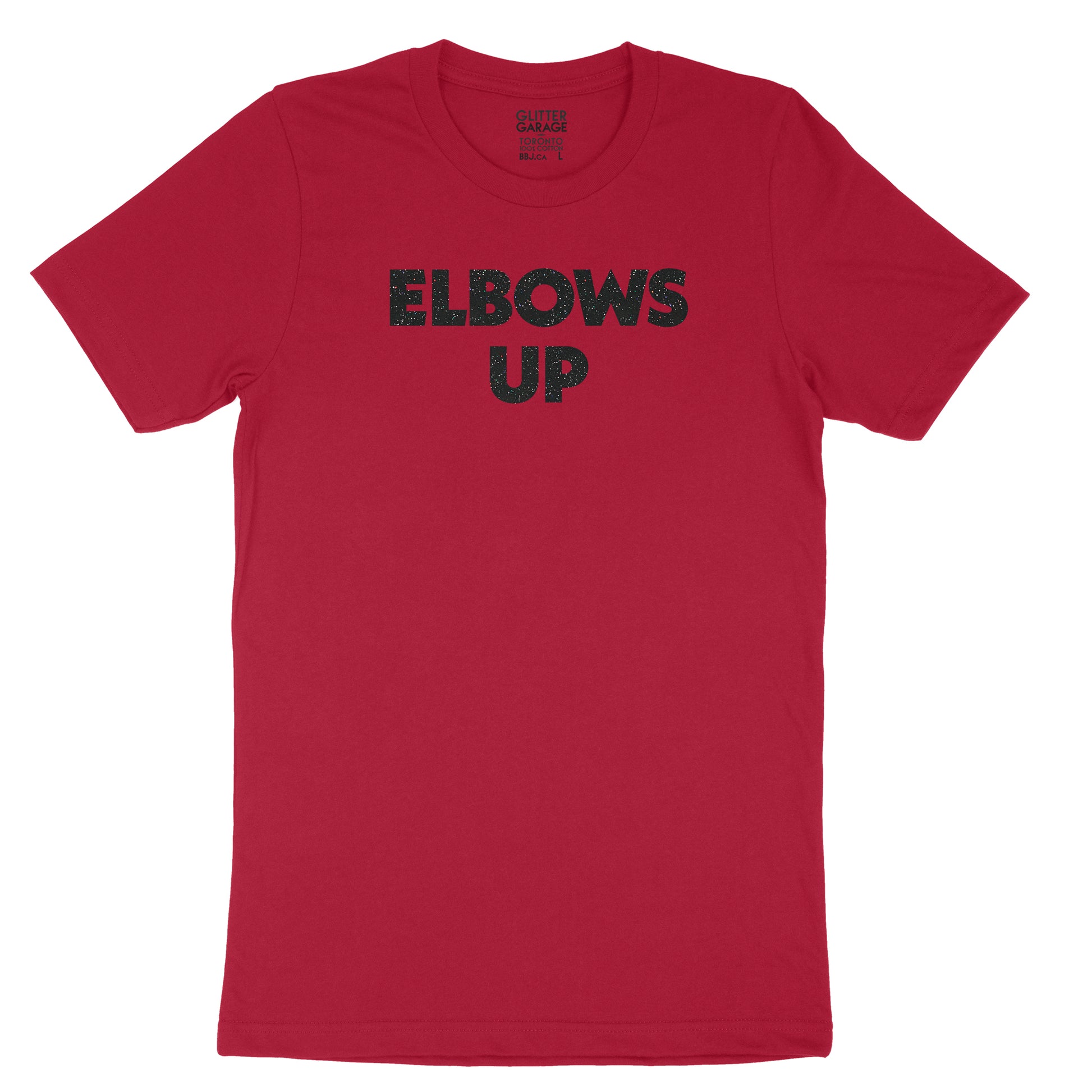"Elbows Up" large text in black glitter on deep red Canadian-made unisex tee