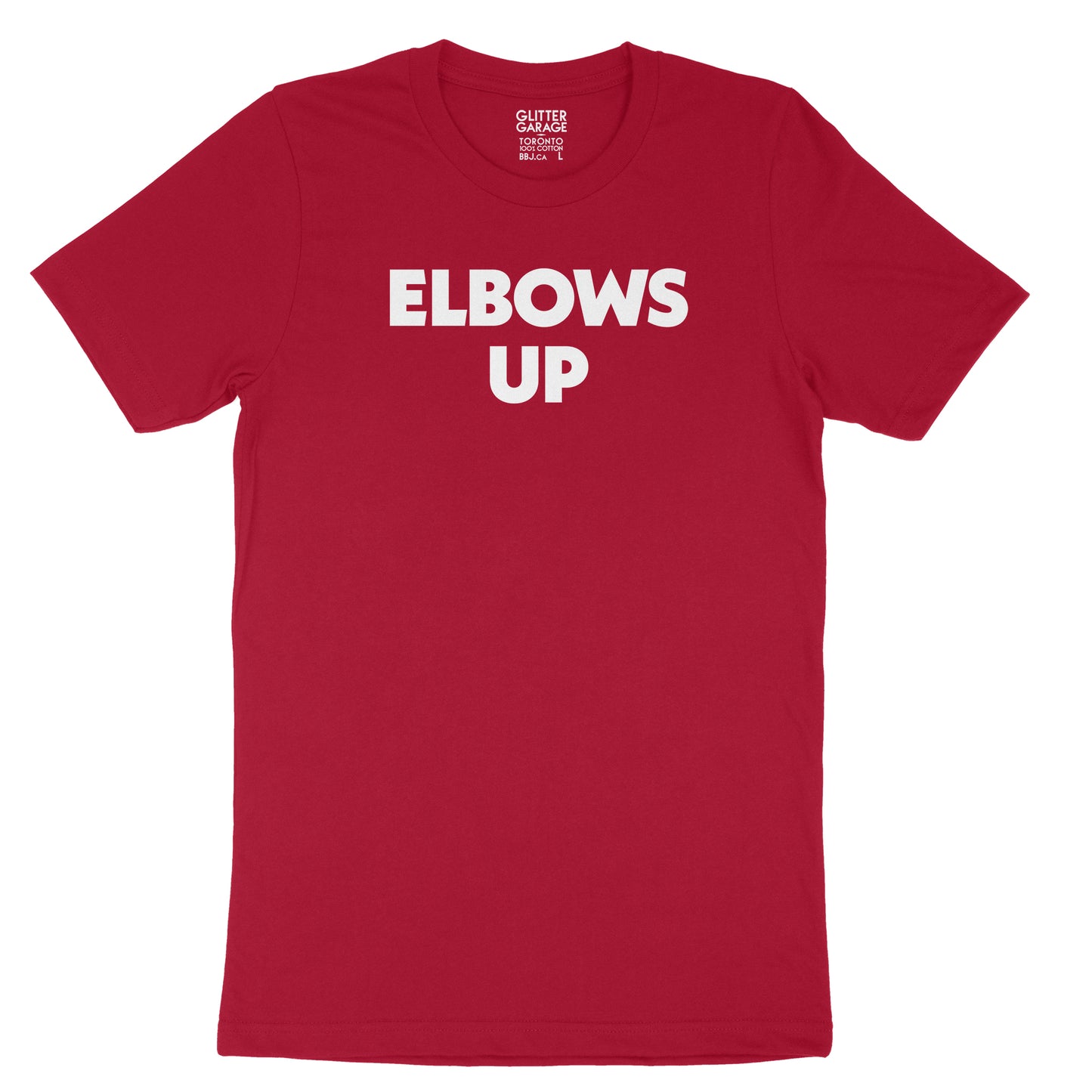 "Elbows Up" large text in white on deep red Canadian-made unisex tee