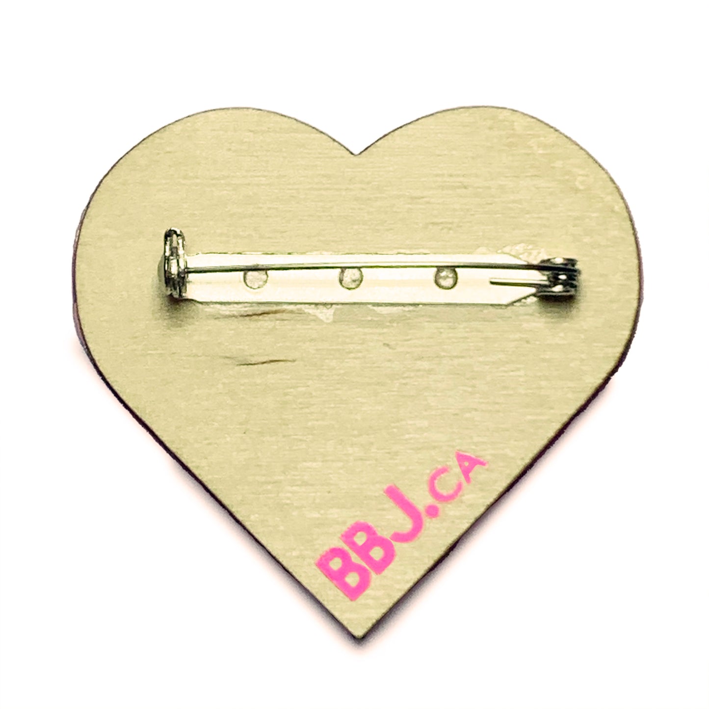 "Heart On" heart-shaped wood and vinyl pin - wood back with locking bar pin and BBJ signature in neon pink matte