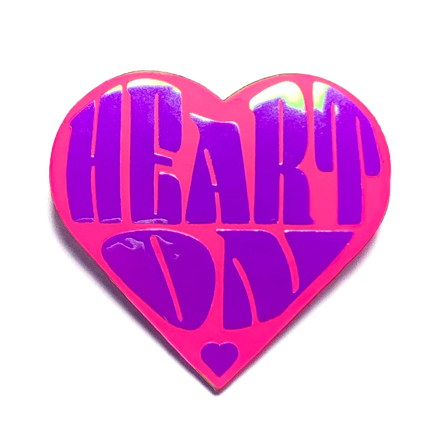 "Heart On" heart-shaped wood and vinyl pin - colour-shifting holographic pearl on neon pink matte