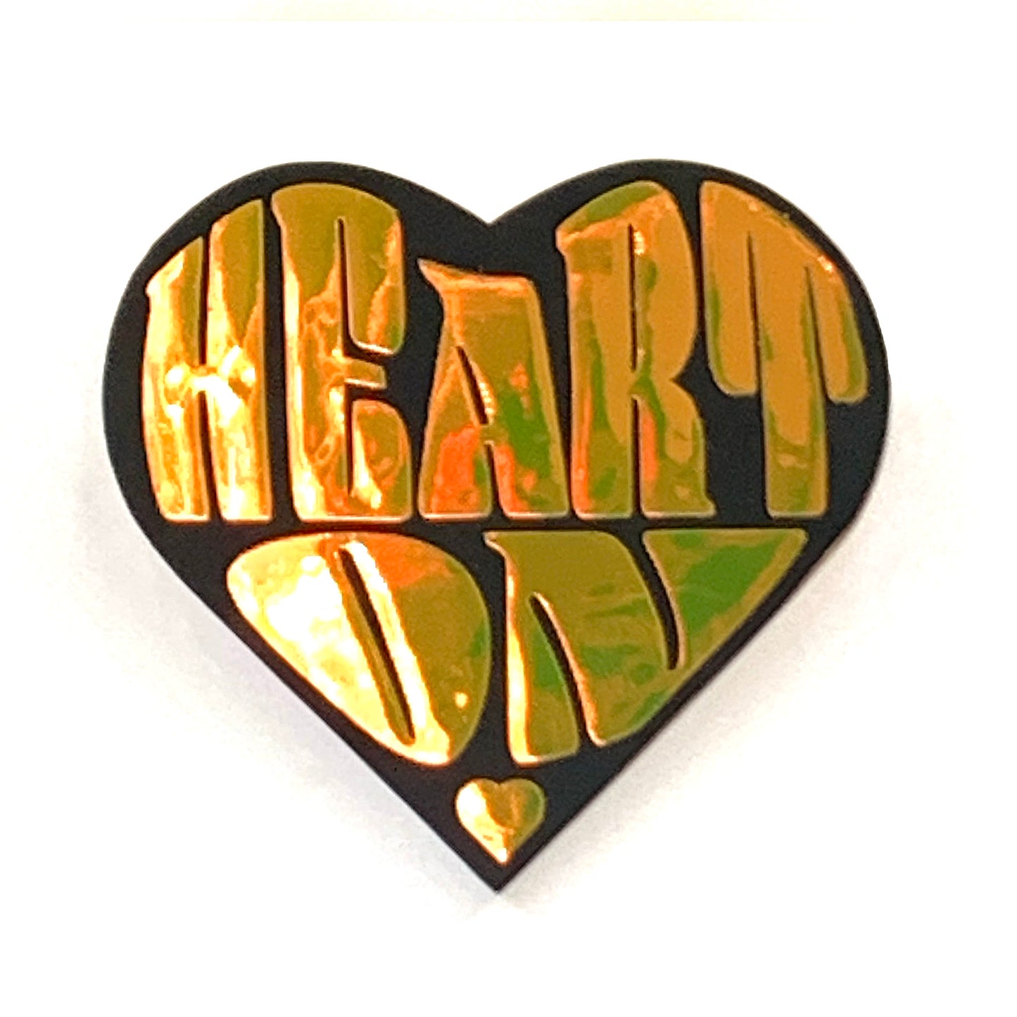 "Heart On" heart-shaped wood and vinyl pin - colour-shifting holographic tropical gold on black matte