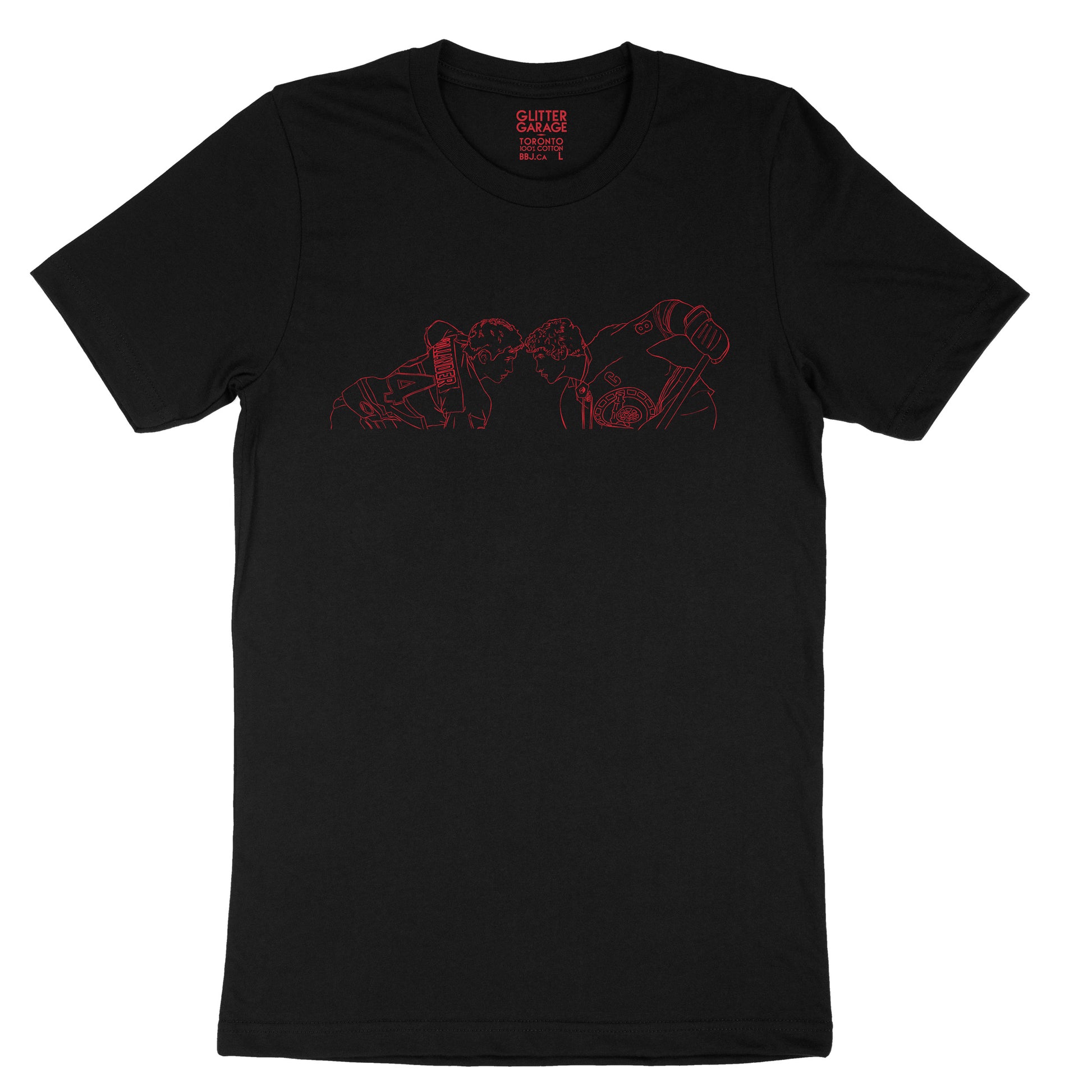 Black t-shirt with red "hockey lovers" graphic design on a white background