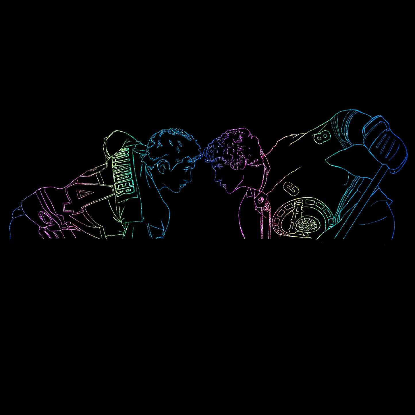 Rainbow gradient outline of two hockey players on a black background