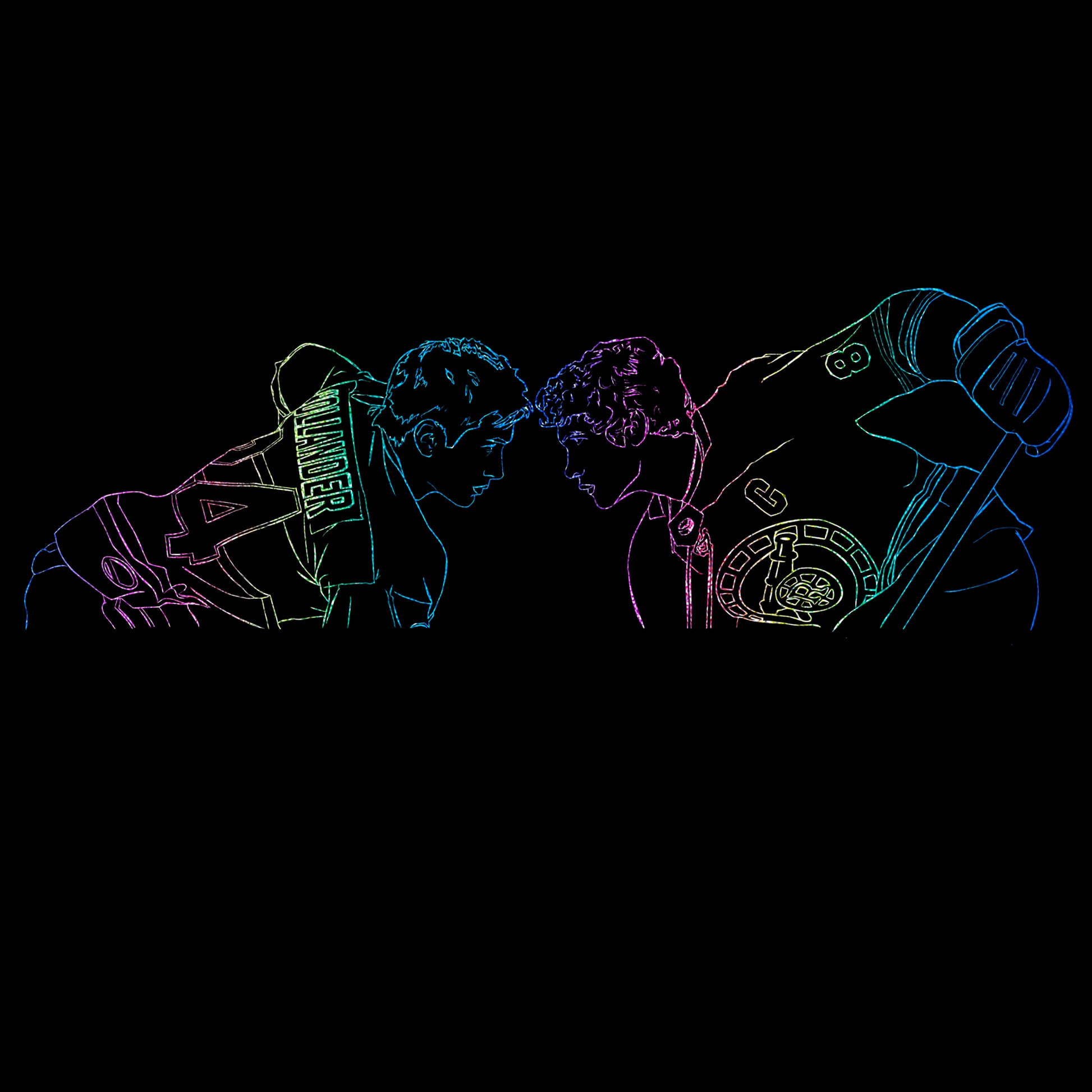Rainbow gradient outline of two hockey players on a black background