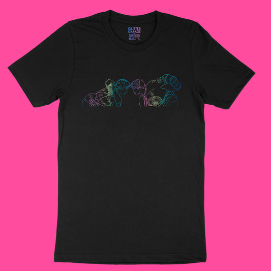 Black t-shirt with rainbow "hockey lovers" graphic design on a pink background