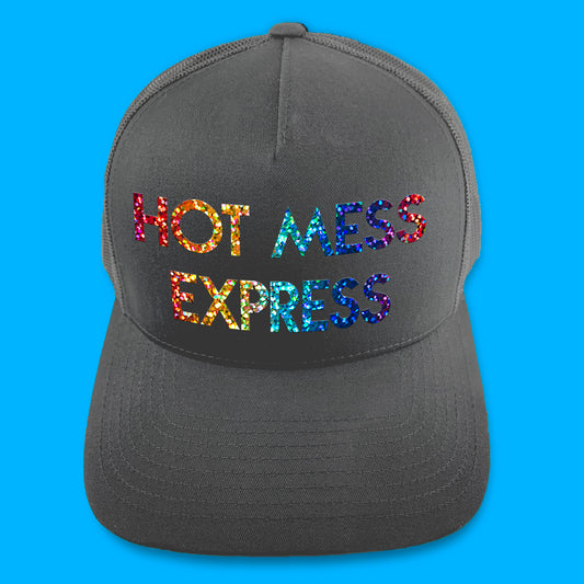 USE YOUR WORDS custom text snapback hat by Glitter Garage / BBJ - charcoal cap with bold text in your message - sample with Hot Mess Express text in metallic silver