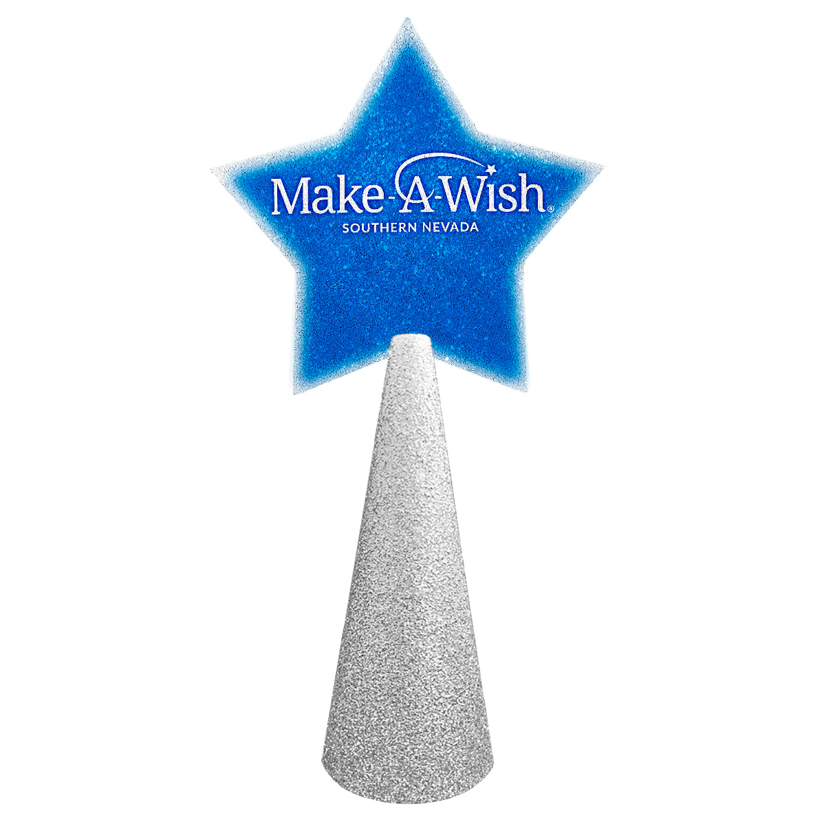 custom sample - christmas tree topper - star with customer-submitted logo image on silver glitter cone