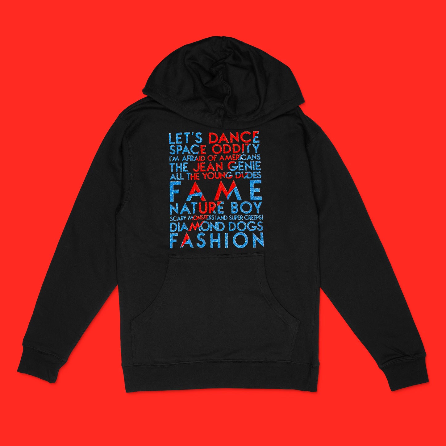 David Bowie song titles with lightning bolt icon in red and blue glitter text on black unisex hooded sweathshirt - Customizable YourTen David Bowie Icon hooded sweatshirt by BBJ / Glitter Garage