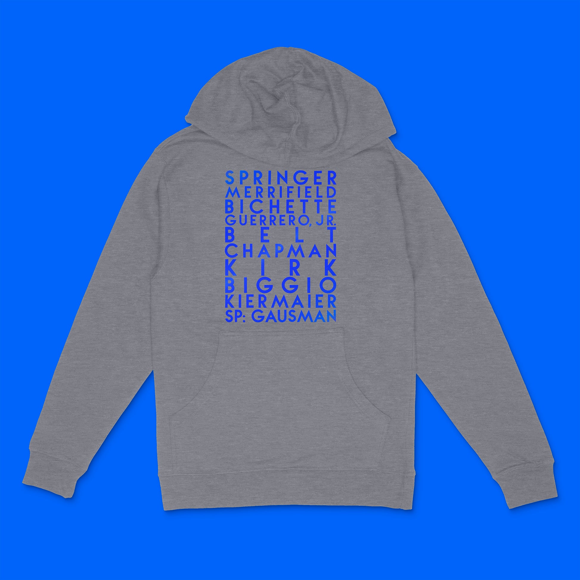 custom sample - Toronto Blue Jays 2023 lineup custom blue metallic text on gunmetal unisex pullover hoodie - Custom YourTen sweatshirt by BBJ / Glitter Garage