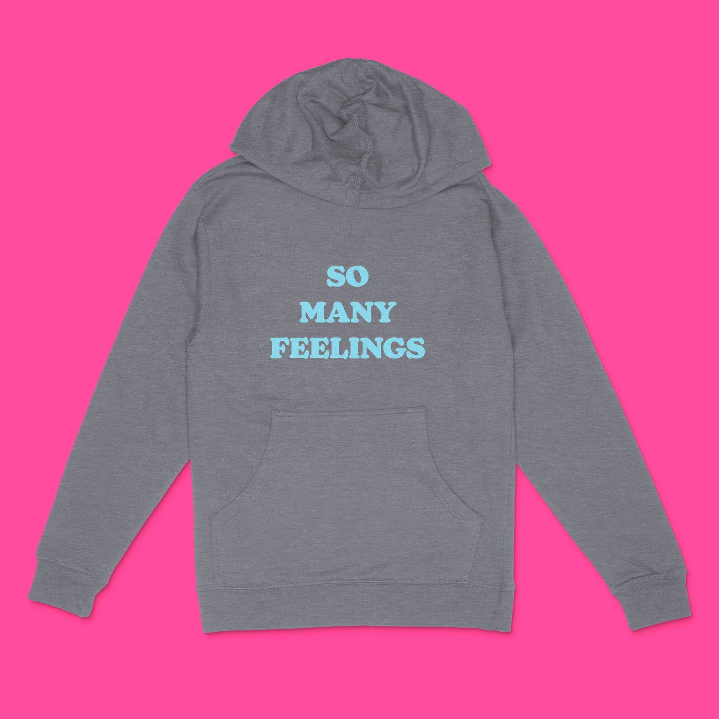 Custom text pullover hoodie -"So Many Feelings" sample- pale blue pop serif text on gunmetal heather unisex hooded sweatshirt bu BBJ