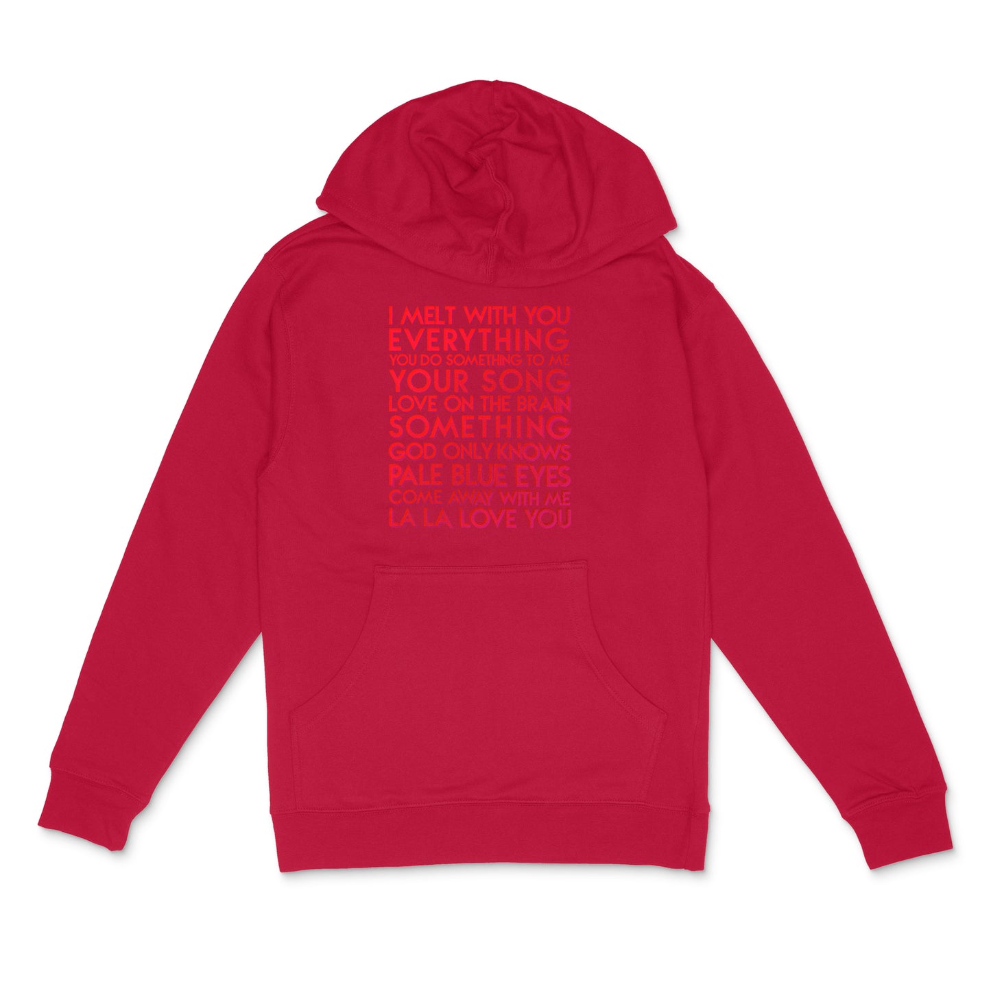custom sample - love songs custom red metallic text on red unisex pullover hoodie - Custom YourTen sweatshirt by BBJ / Glitter Garage