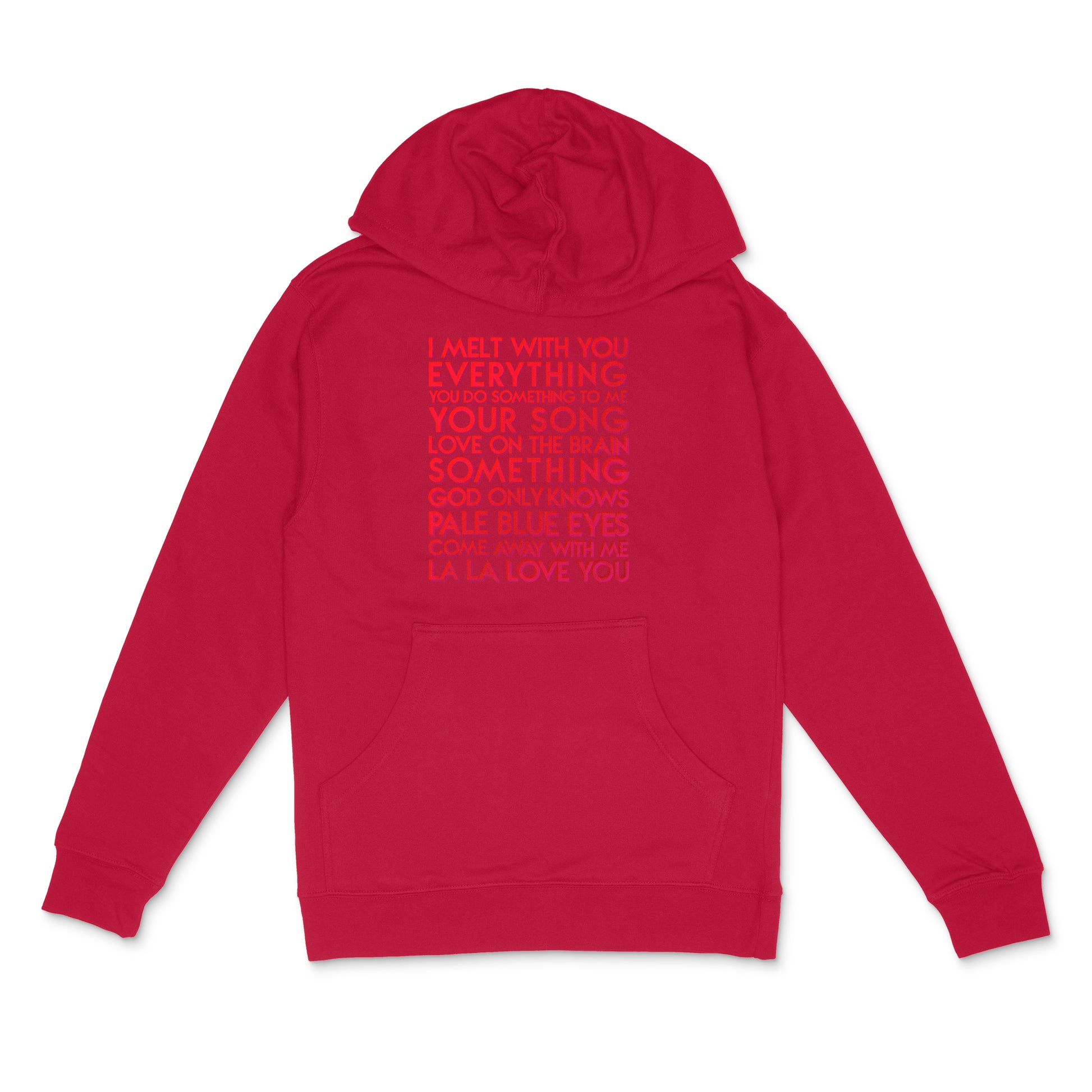 custom sample - love songs custom red metallic text on red unisex pullover hoodie - Custom YourTen sweatshirt by BBJ / Glitter Garage