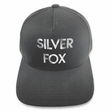Load image into Gallery viewer, USE YOUR WORDS custom text snapback hat by Glitter Garage / BBJ - charcoal cap with bold text in your message - sample with Silver Fox text in metallic silver
