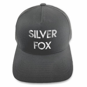 USE YOUR WORDS custom text snapback hat by Glitter Garage / BBJ - charcoal cap with bold text in your message - sample with Silver Fox text in metallic silver