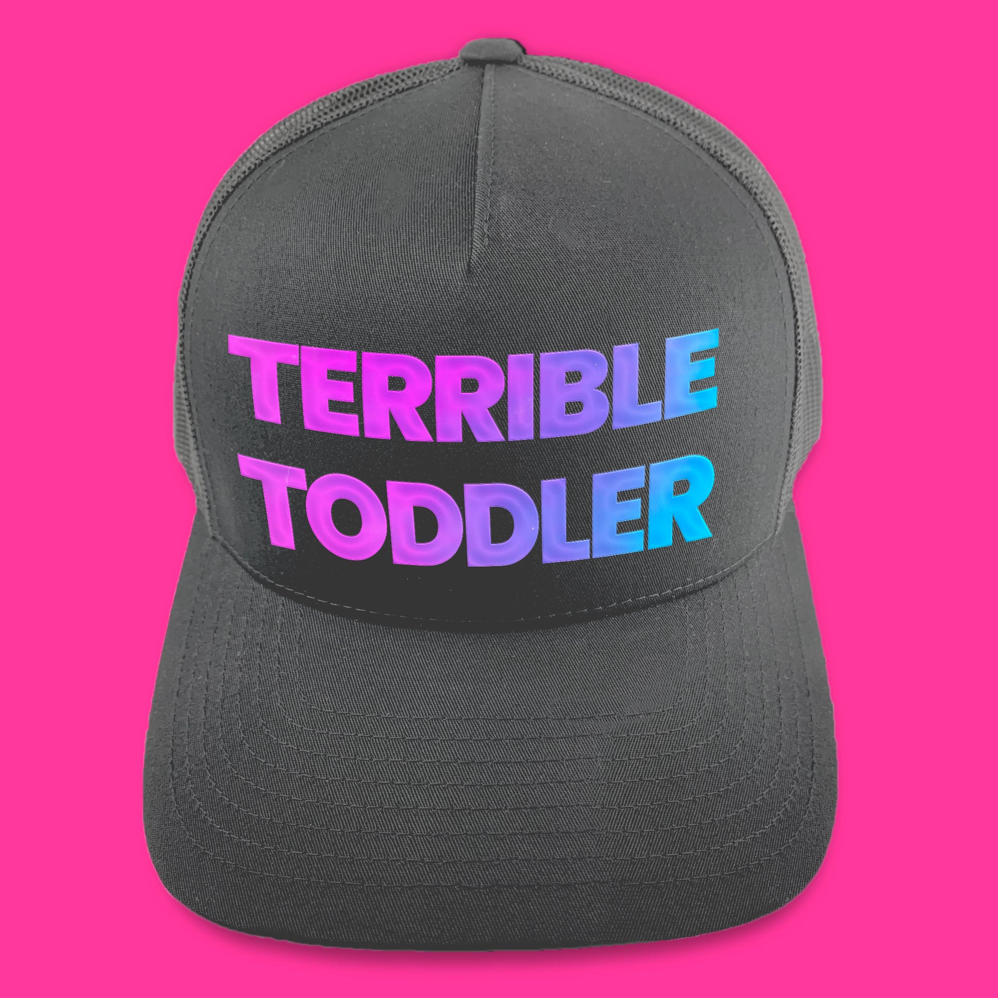 USE YOUR WORDS custom text snapback hat by Glitter Garage / BBJ - charcoal cap with bold text in your message - sample with "Terrible Toddler" text in holographic pearl
