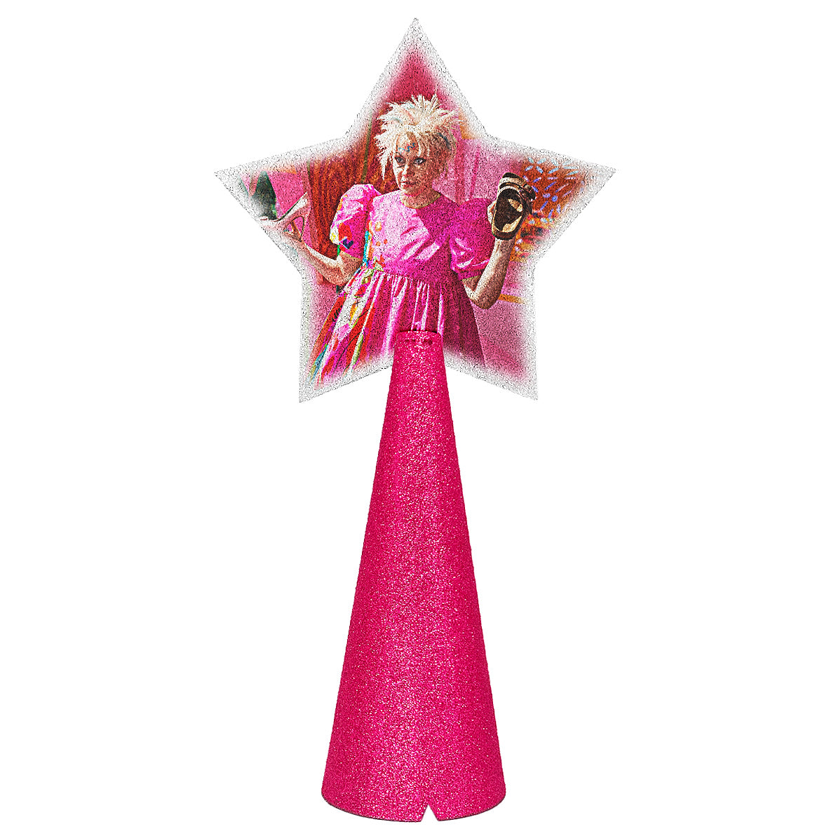 Custom tree topper - with sample Weird Barbie photo - hot pink/magenta glitter cone - double-sided back