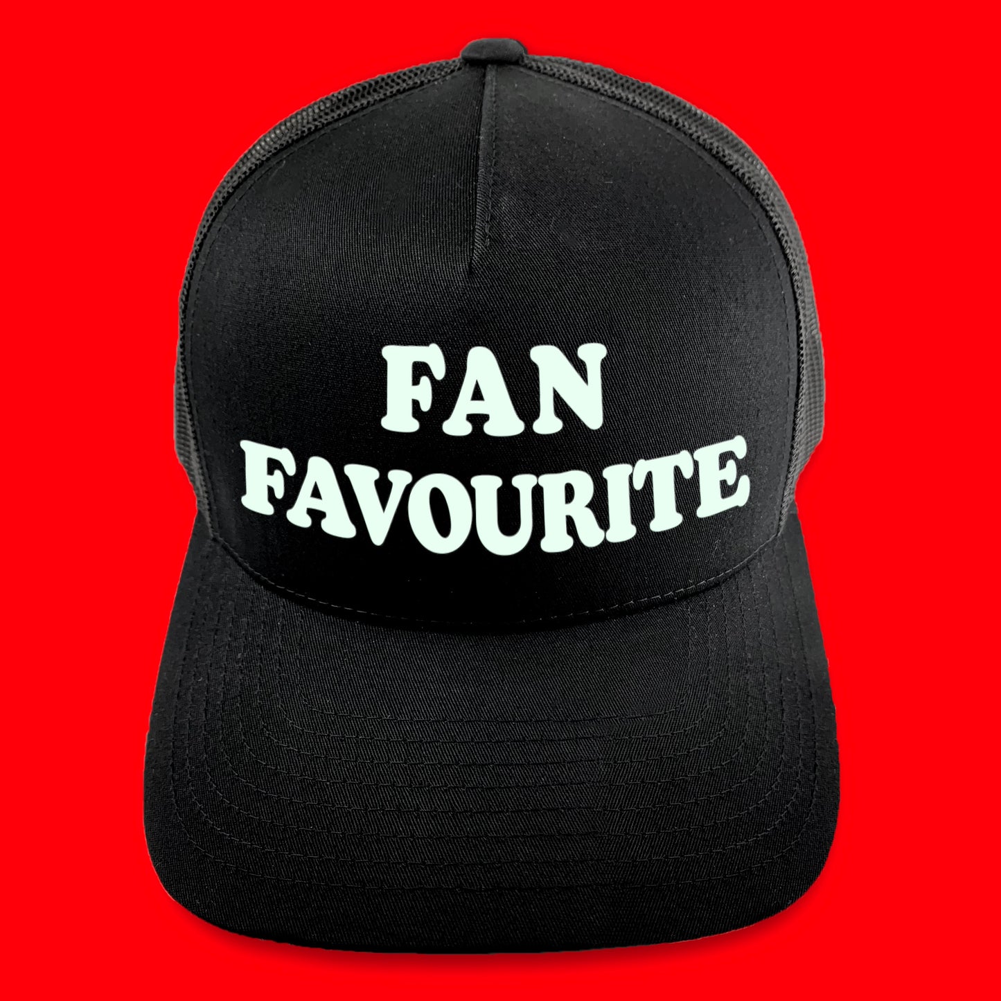 USE YOUR WORDS custom text snapback hat by Glitter Garage / BBJ - black cap with pop serif text in your message - sample with "fan favourite" text in glow in the dark
