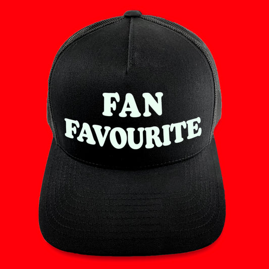 USE YOUR WORDS custom text snapback hat by Glitter Garage / BBJ - black cap with pop serif text in your message - sample with "fan favourite" text in glow in the dark