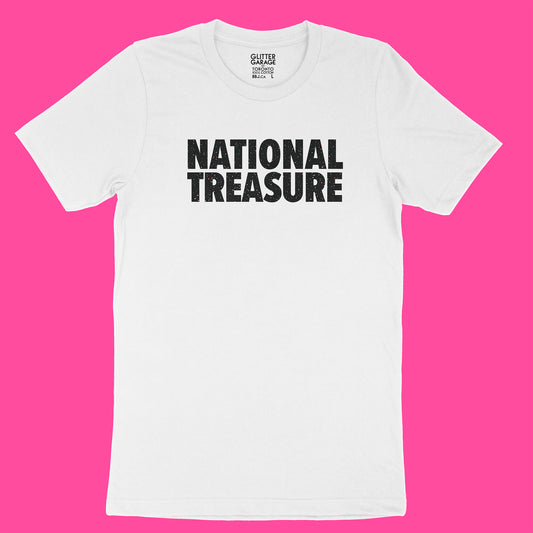 Custom text tee - "National Treasure" - black glitter TALL text on white tee - USE YOUR WORDS unisex t-shirt by BBJ / Glitter Garage