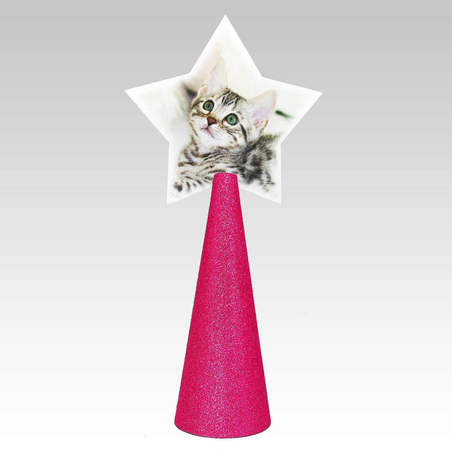 Custom tree topper - White Star with sample kitten photo - hot pink glitter cone
