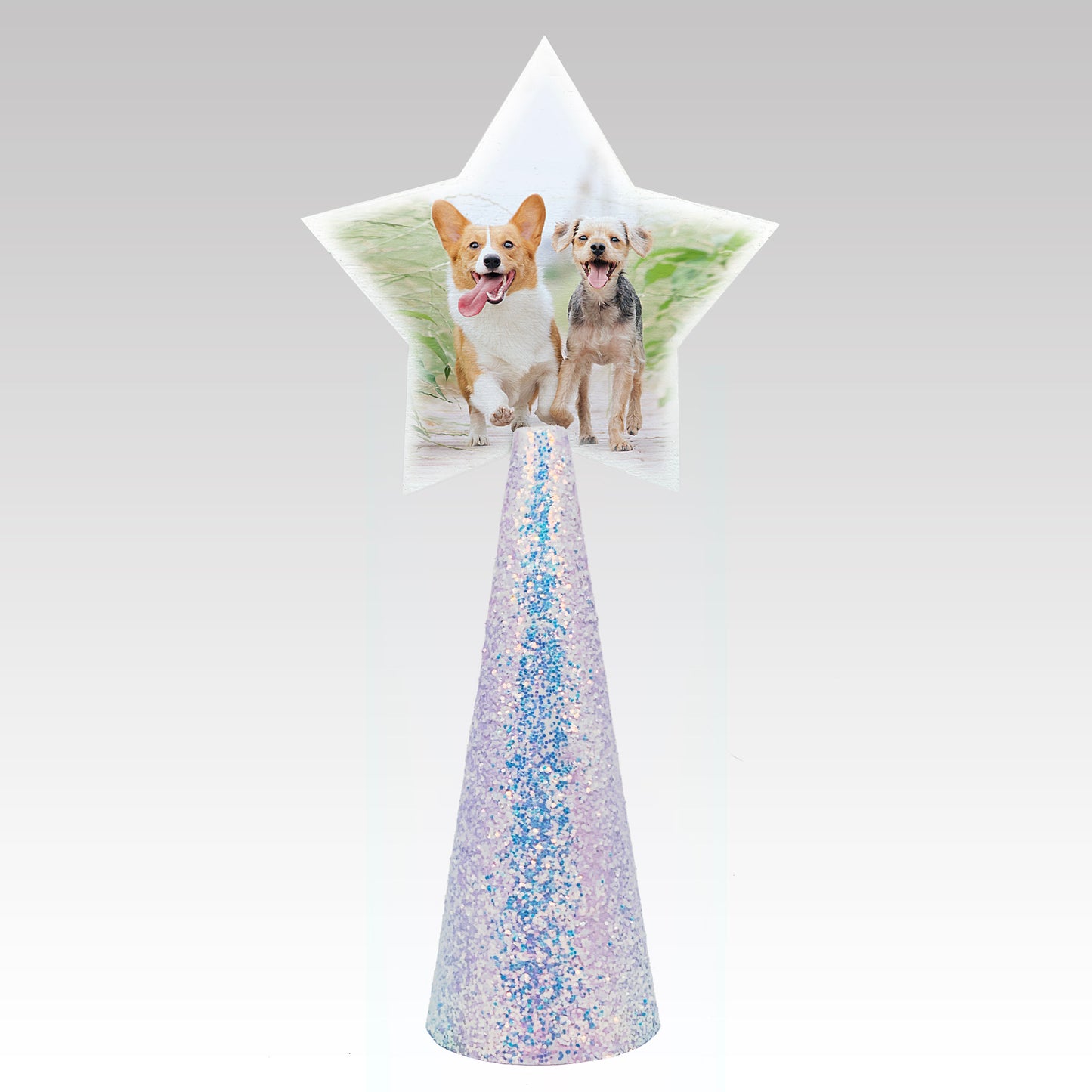 Custom tree topper - White Star with sample 2 happy dogs photo - opal iridescent glitter cone