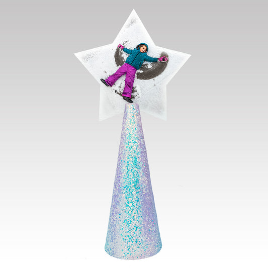 Custom tree topper - White Star with sample snow-angel kid photo - opal iridescent glitter cone