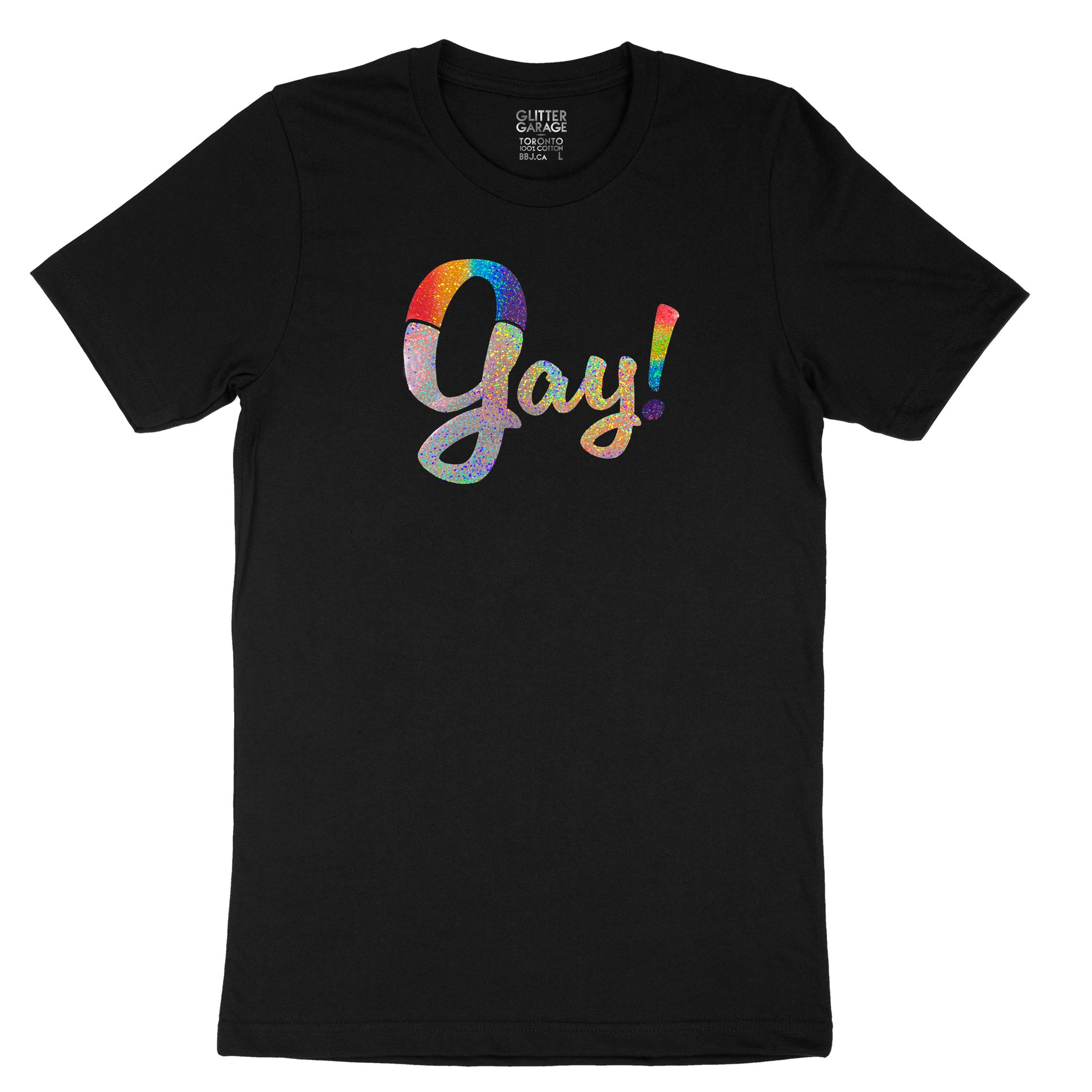 Yay Gay! holographic rainbow and silver on black unisex t-shirt - by BBJ / Glitter Garage