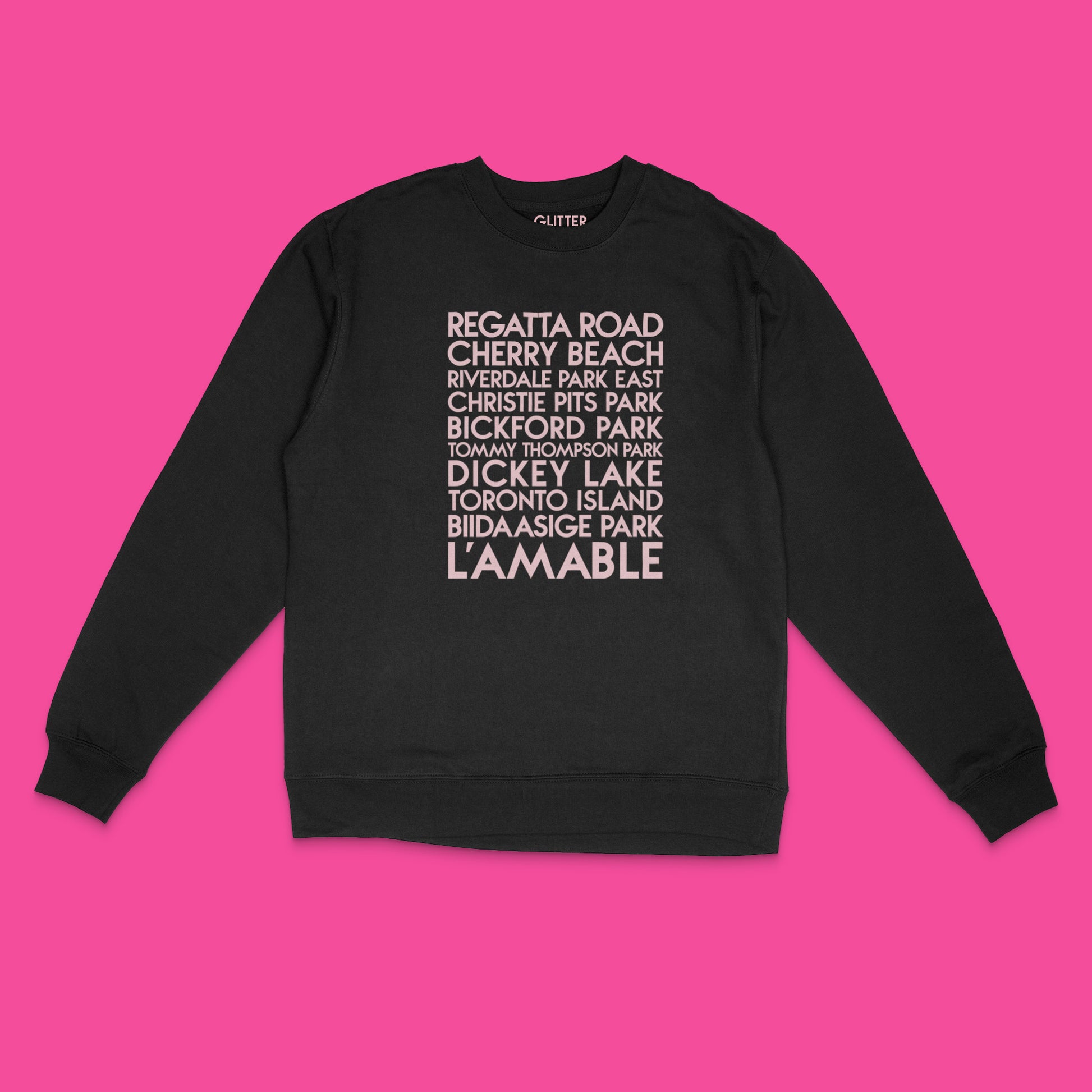 Custom YourTen sweatshirt with light pink text on black unisex crewneck sweatshirt -  by BBJ / Glitter Garage