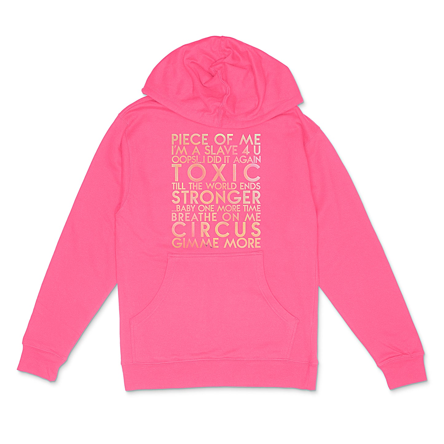 custom sample - Britney Spears songs holographic pearl text on neon pink unisex pullover hoodie - Custom YourTen sweatshirt by BBJ / Glitter Garage