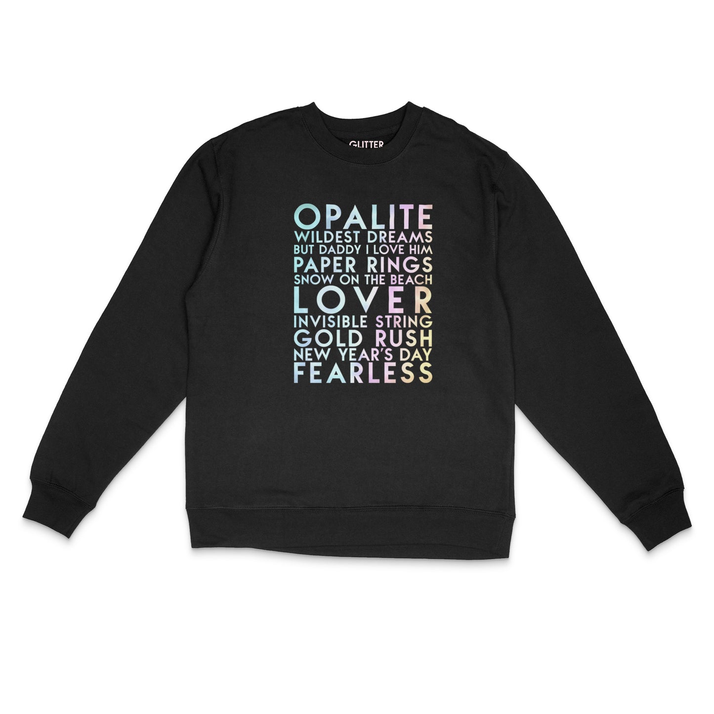Custom YourTen sweatshirt with holographic pearl text on black unisex crewneck sweatshirt -  by BBJ / Glitter Garage