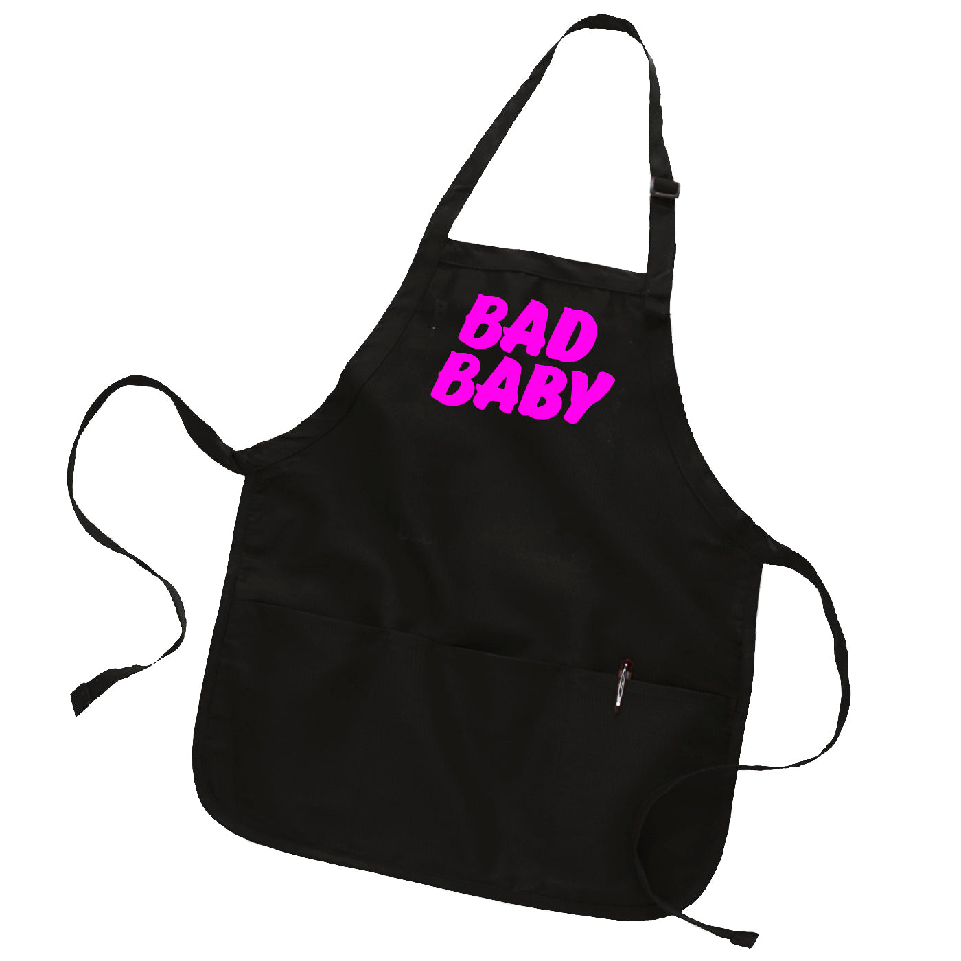 Black baker-style apron with custom text "Bad Baby" in neon pink brush text